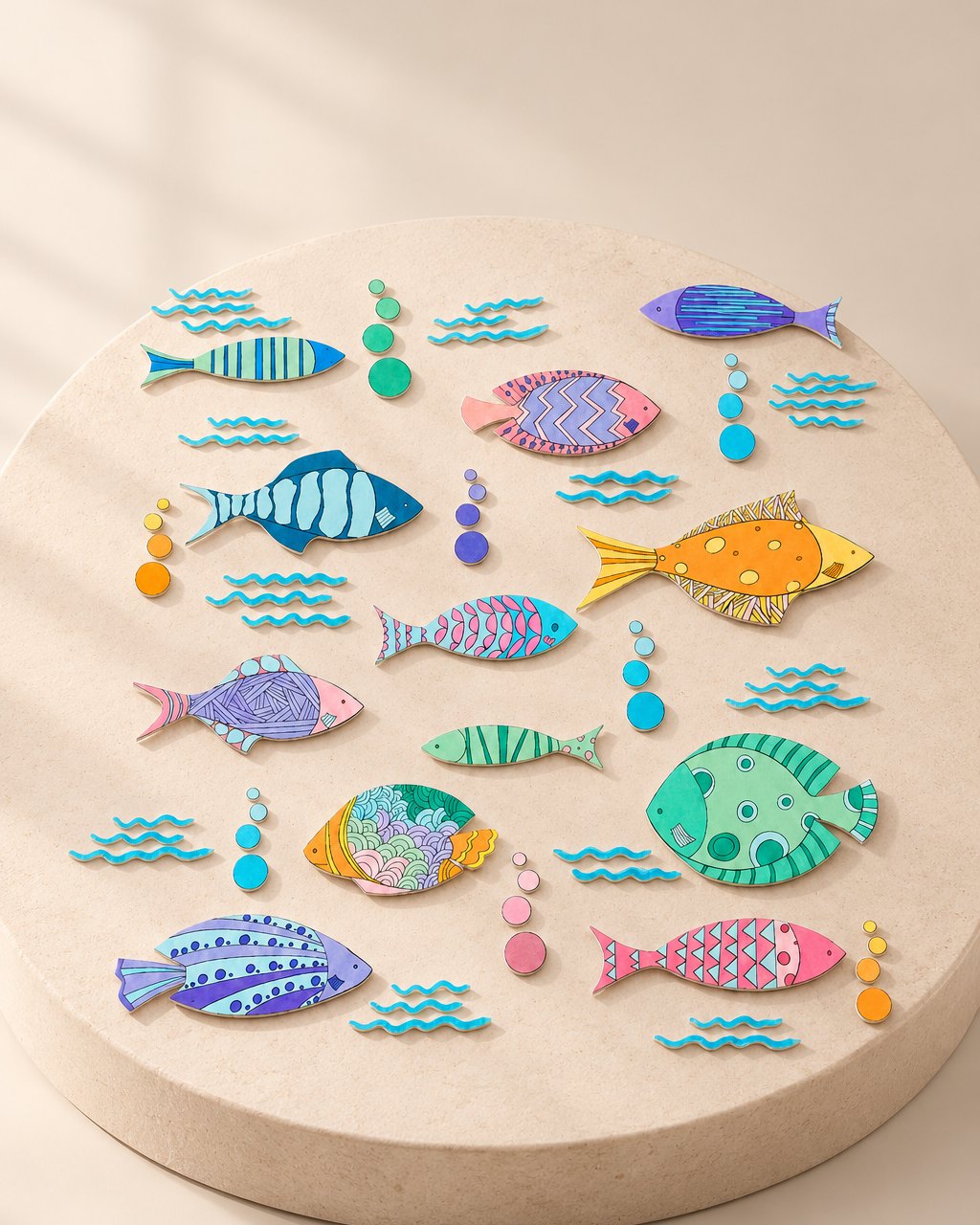 Sheet of watercolour fish, bubble and wave decals in coral, teal, lilac and gold