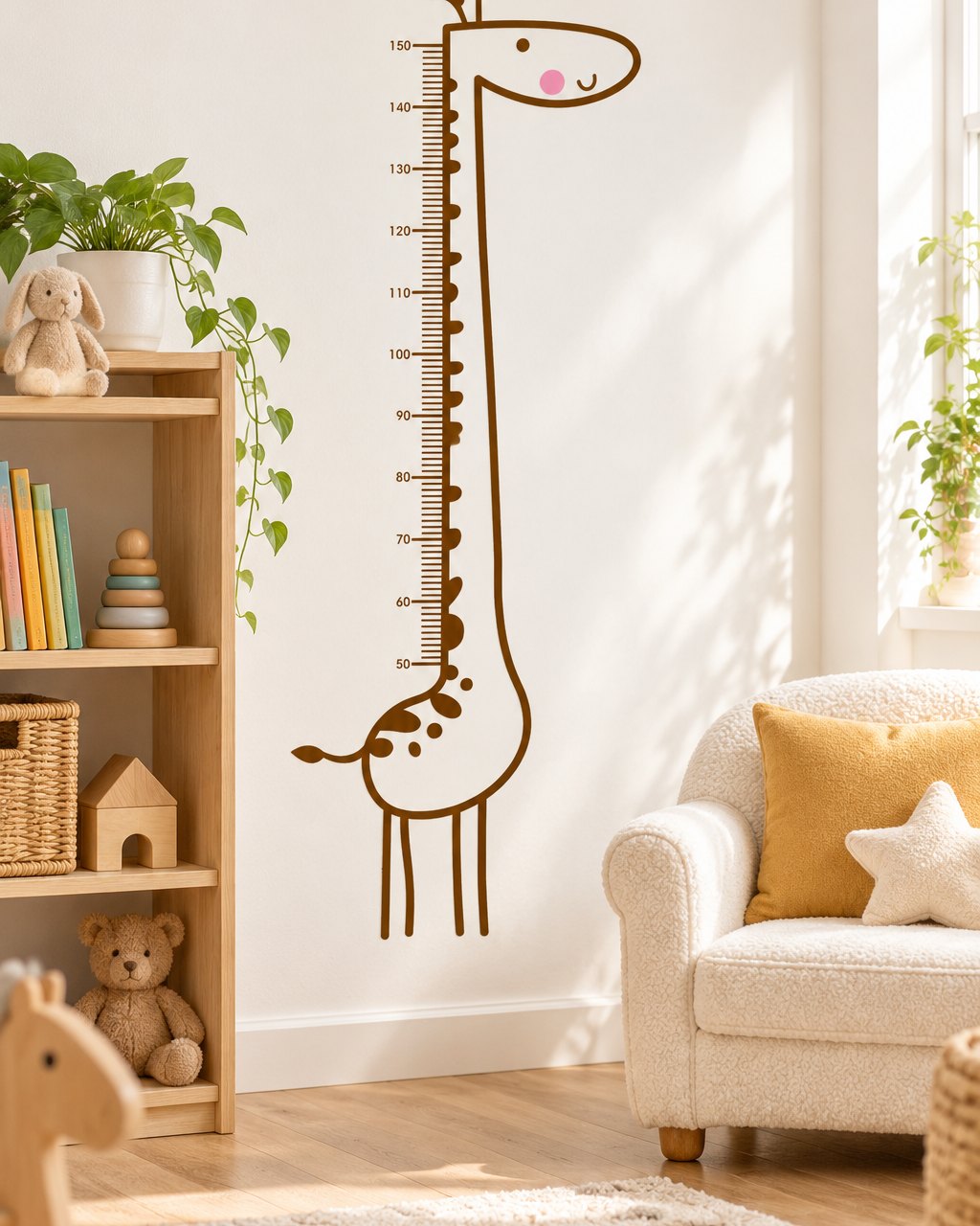 Giraffe height chart beside a bookshelf in a bright kids' bedroom