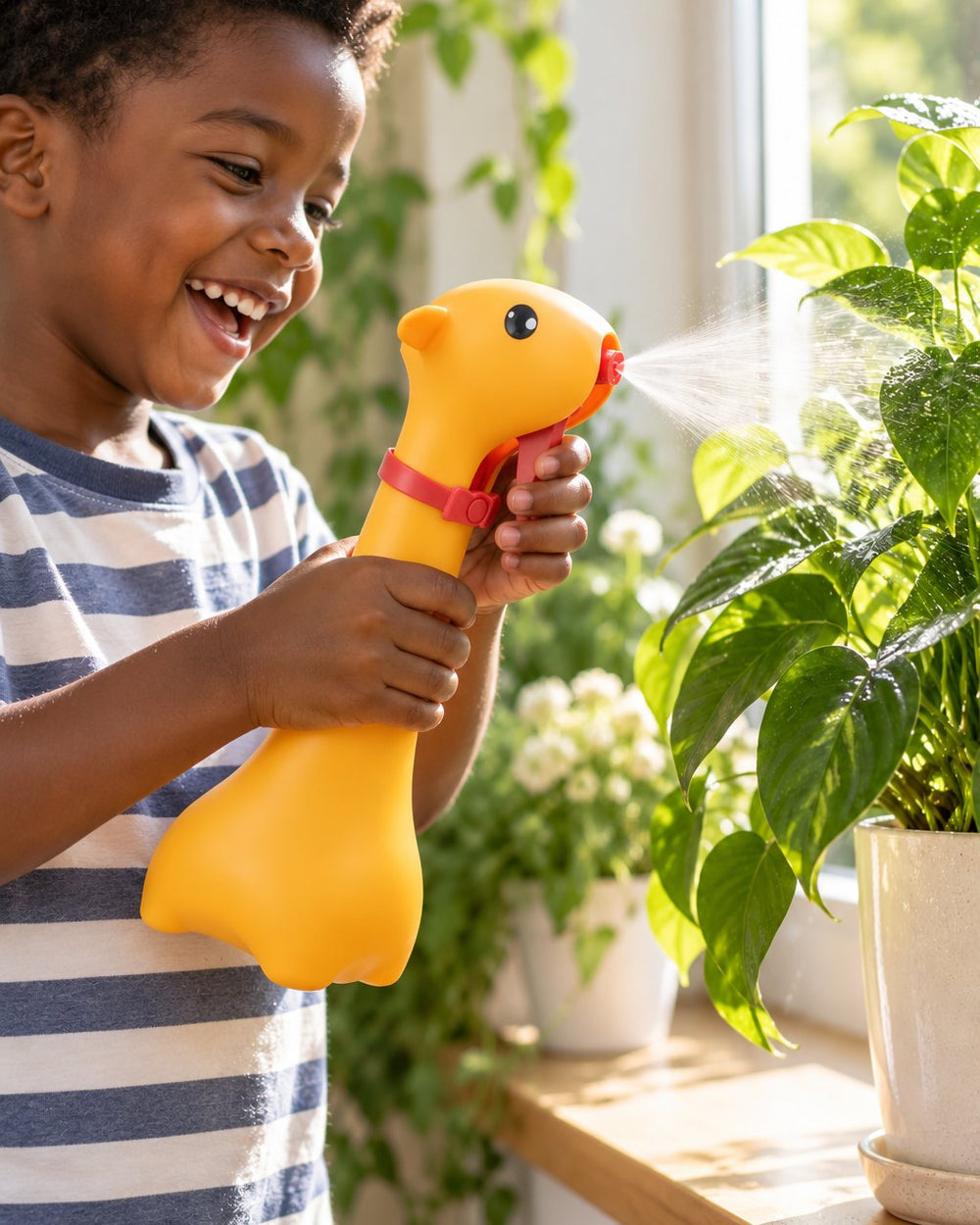 Child misting a leafy houseplant on a windowsill with the giraffe bottle