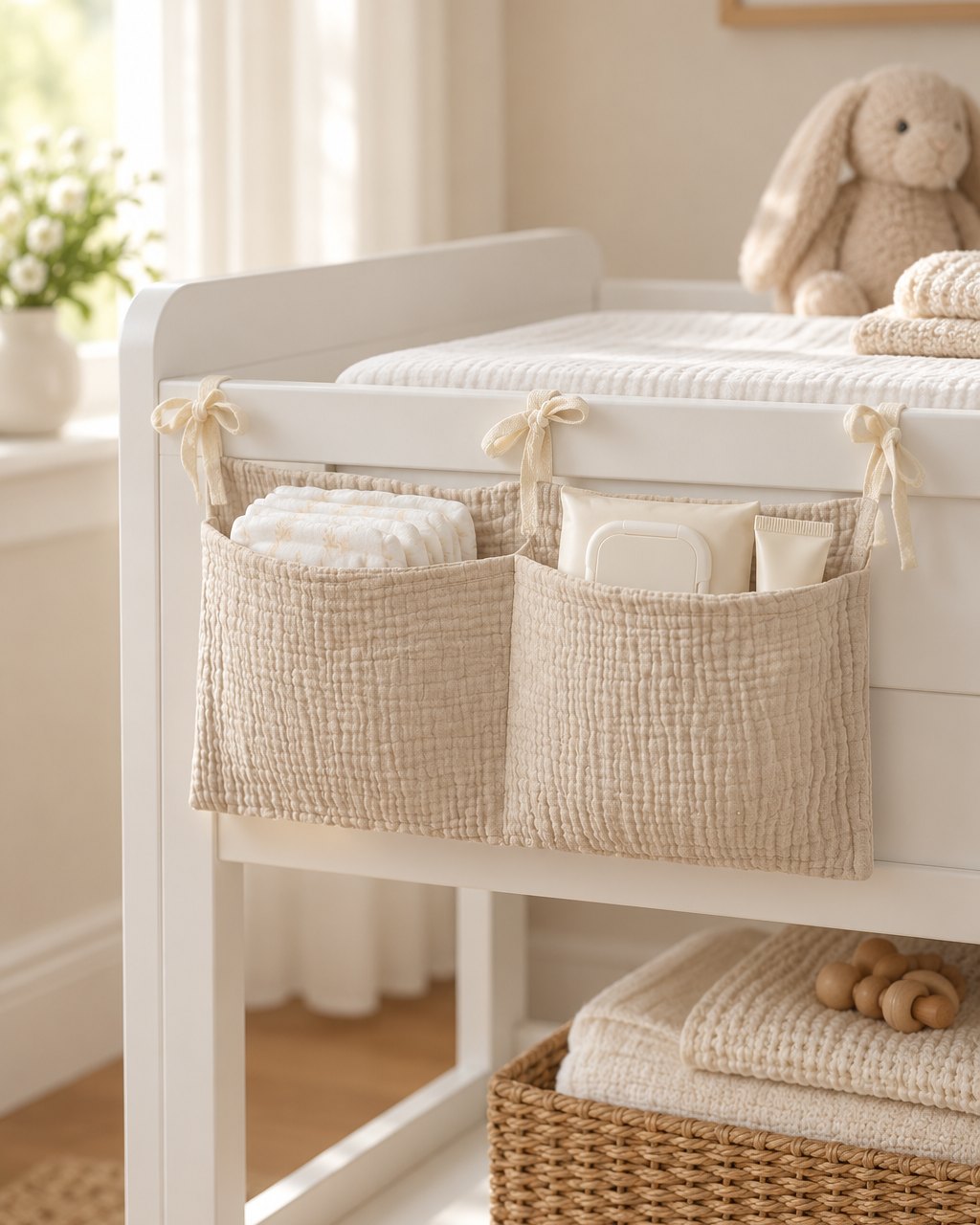 Oat caddy tied to a white changing table, pockets filled with diapers and wipes