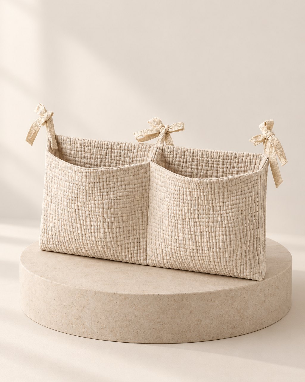 Oat crinkle-fabric organiser with two pockets and fabric ties at the top