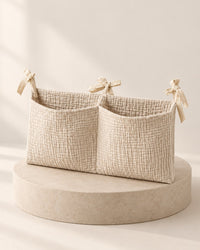 Oat crinkle-fabric organiser with two pockets and fabric ties at the top