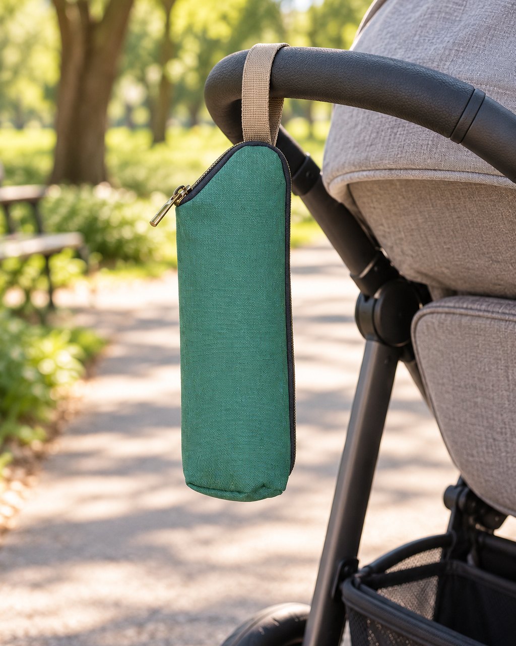 Green bottle bag hanging by its loop from a stroller handlebar in a park