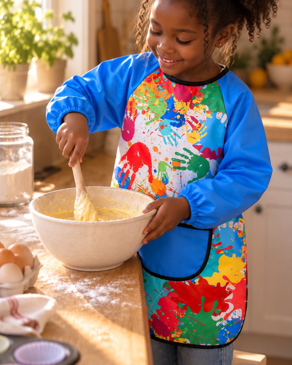 Child in the smock stirring cake batter in a bright kitchen