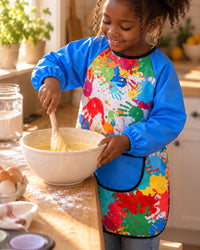 Child in the smock stirring cake batter in a bright kitchen