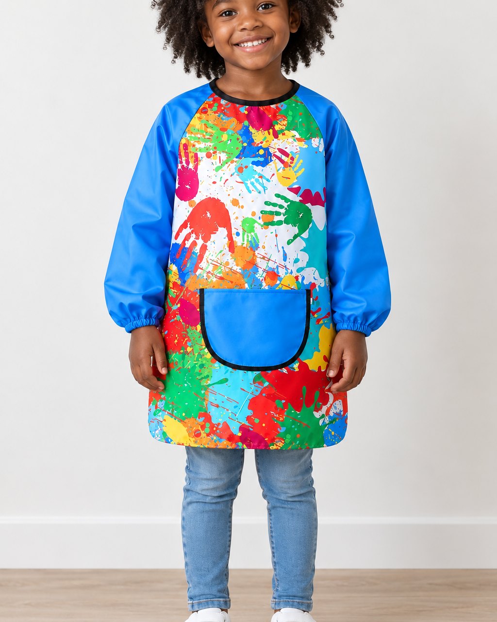 Preschooler wearing the smock, covered from neck to knees