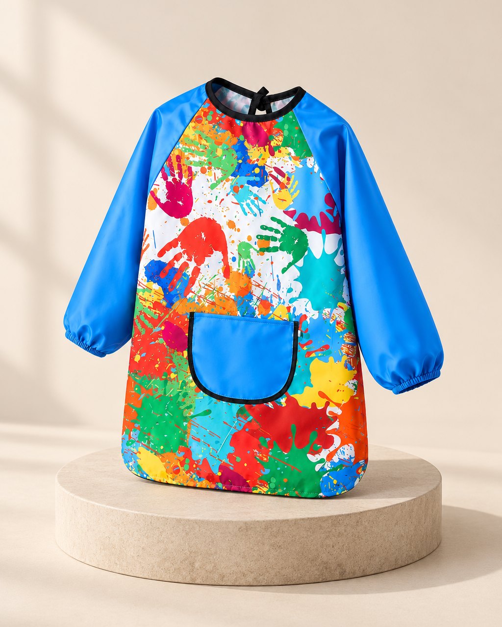 Paint-splash print art smock with blue long sleeves and a blue front pocket