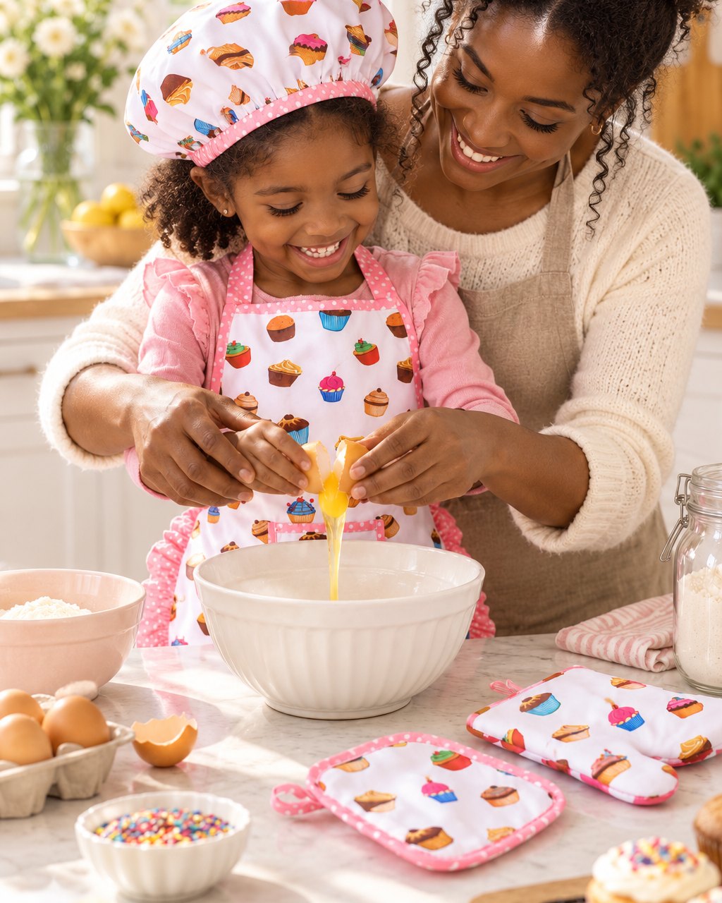 Parent and child baking together in a bright kitchen, child in the apron and cap