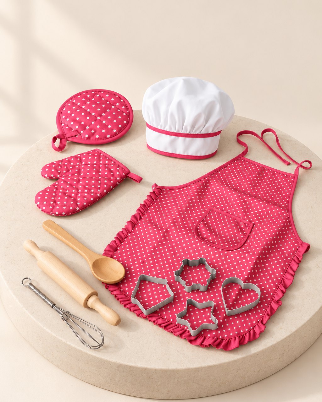 Pink polka-dot kids' apron with a white chef hat, mitt and tools