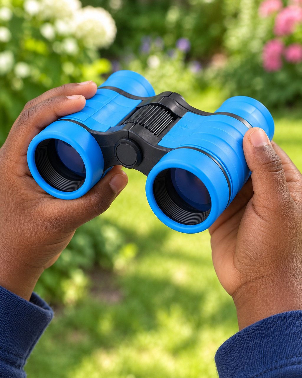 Child's hands holding the small blue binoculars