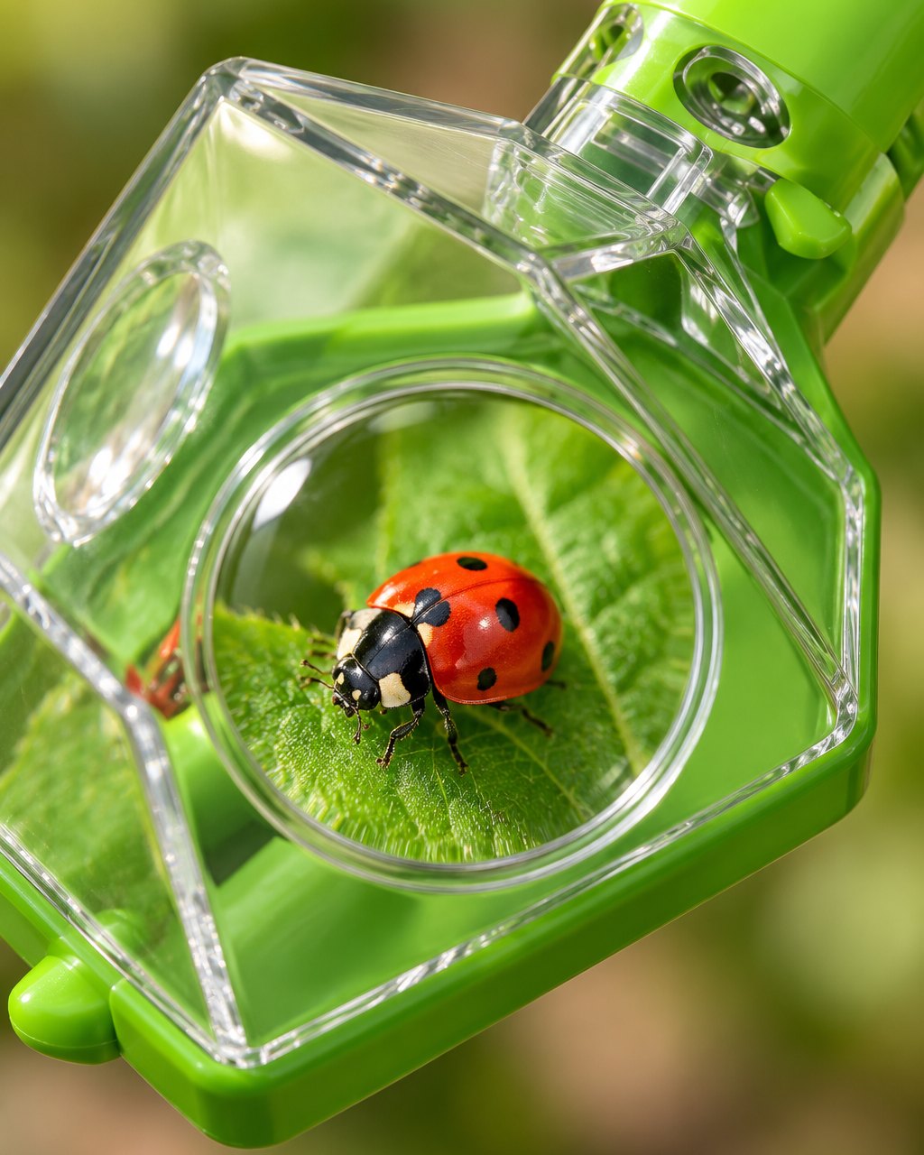 Close-up of a ladybird seen through the 6x magnifier window