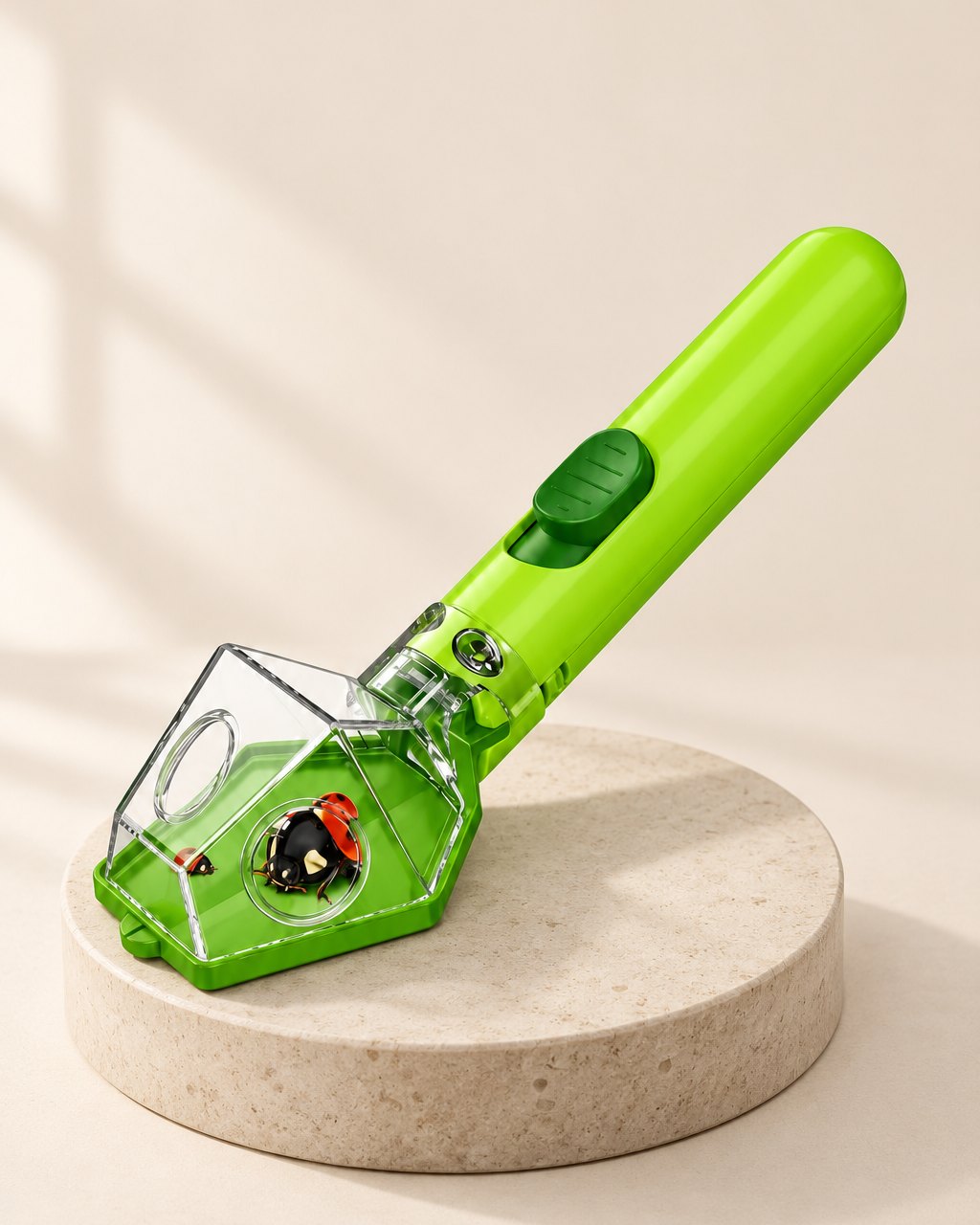 Green wand-shaped bug catcher with a clear hexagon viewing box at the end