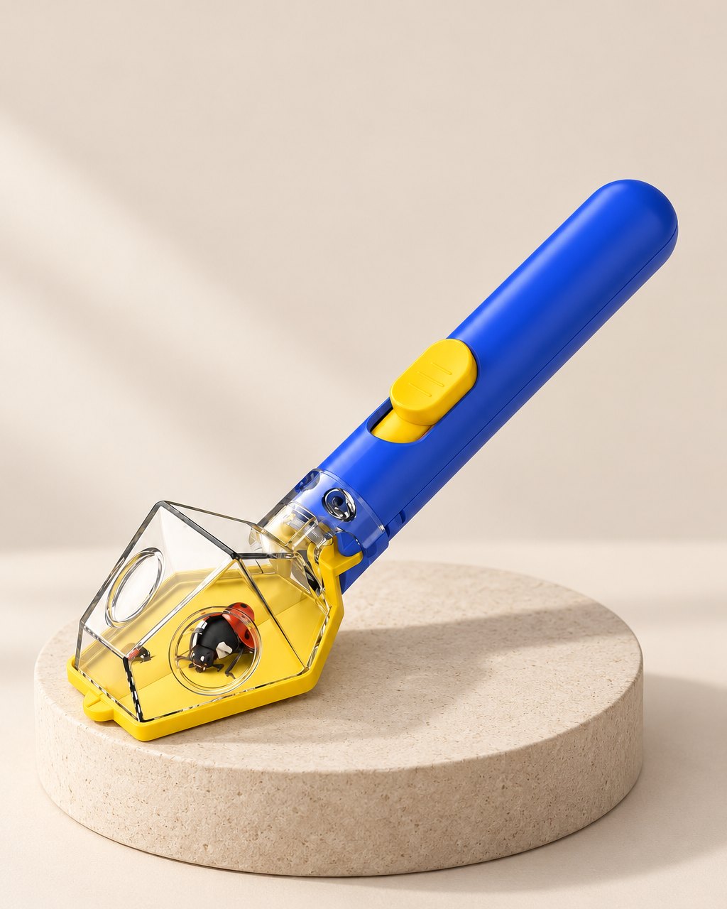 Blue bug catcher with a yellow viewing box frame