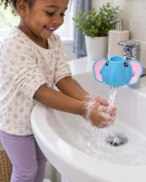 Child on a step stool rinsing hands under water from the elephant spout