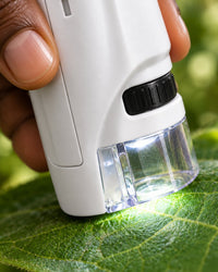 Close-up of the microscope's zoom wheel and clear lit base resting on a leaf