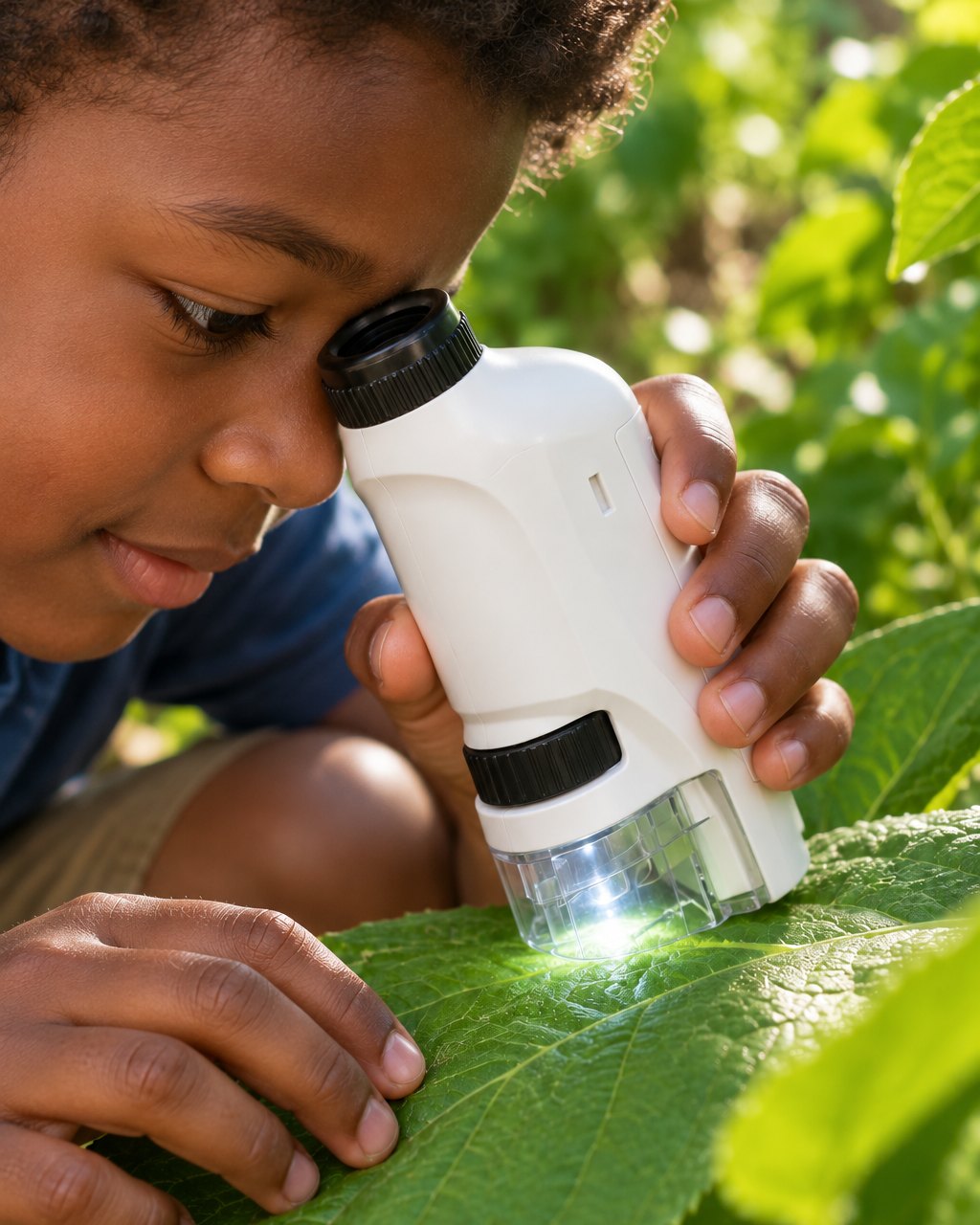 Child holding the white pocket microscope over a leaf in a garden, eye to the eyepiece