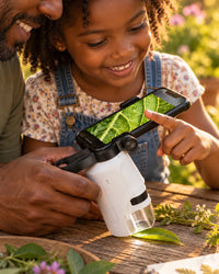 Parent and child photographing a leaf through the microscope with a phone in the bracket