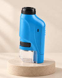 Blue pocket microscope with a black eyepiece and clear base