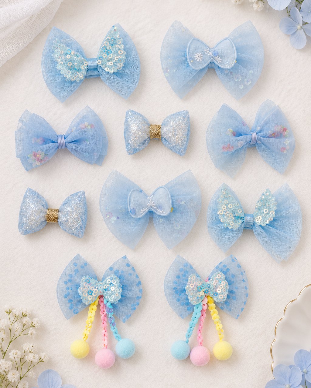 All ten sky-blue bow clips arranged in rows on a white surface