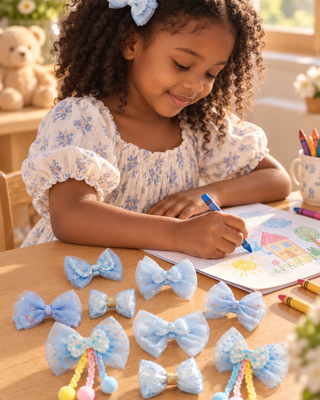 Girl at a table drawing, fringe held back by a small blue bow clip
