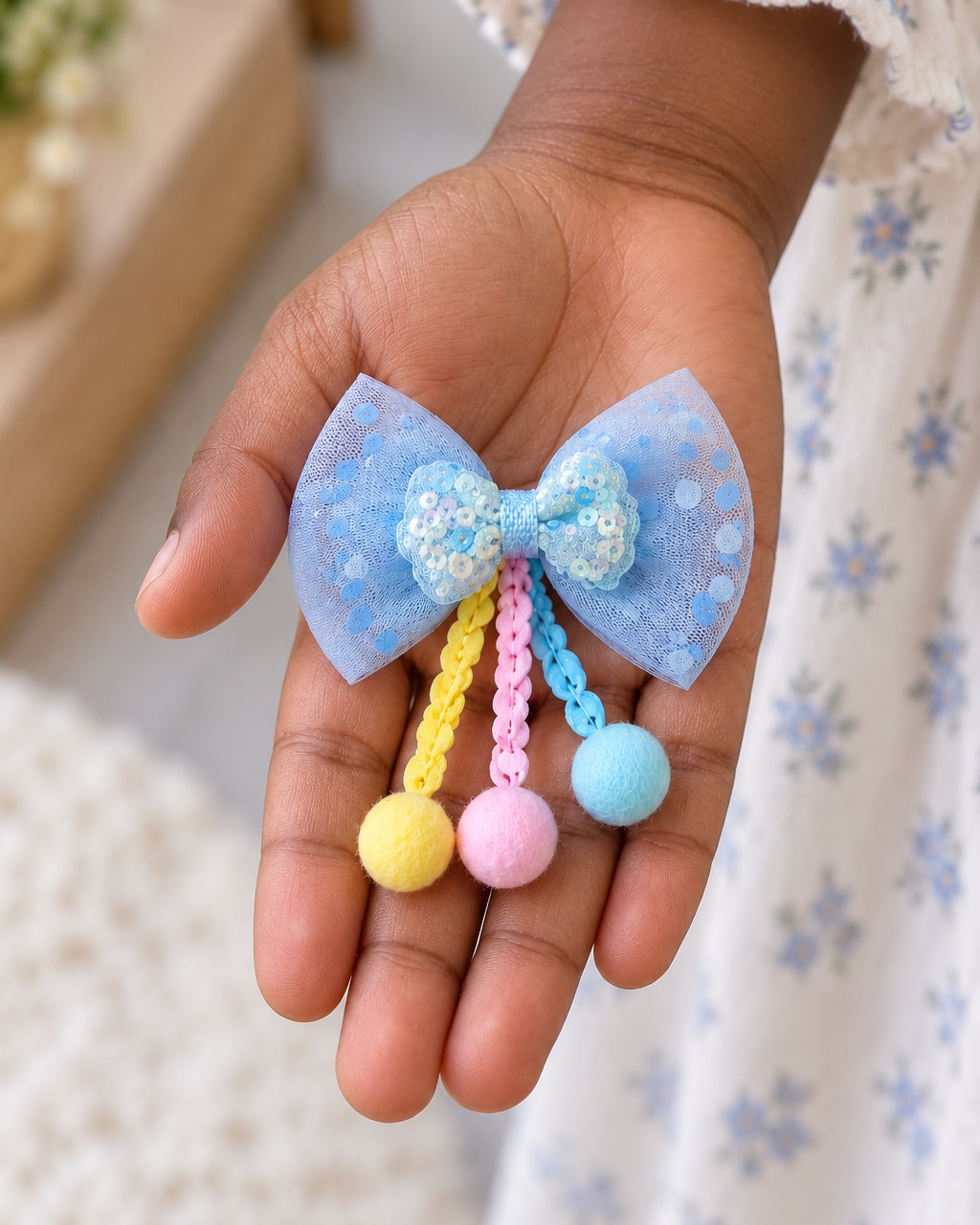 Blue bow clip resting on a child's palm, about the width of the hand