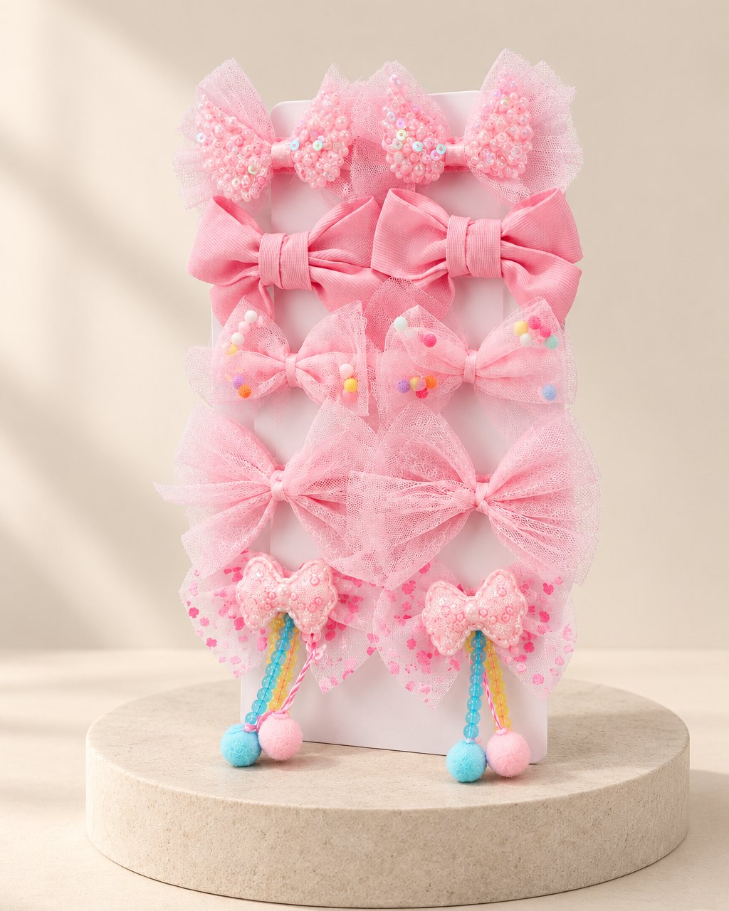Set of ten pink tulle bow hair clips