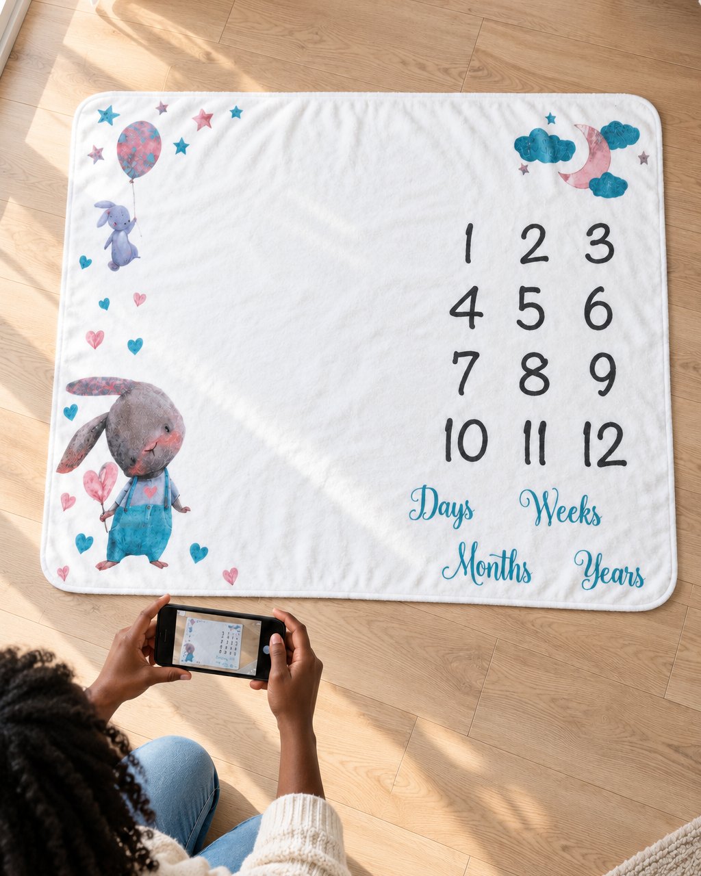 Milestone blanket spread on a wooden floor beside a parent kneeling with a phone