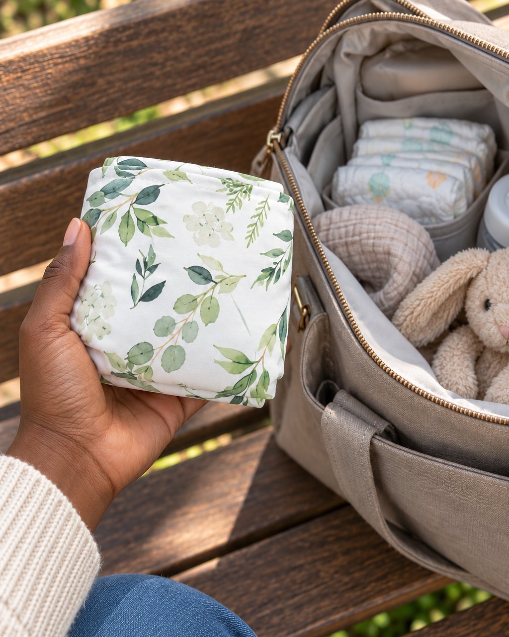 The cover folded small in one hand next to a diaper bag