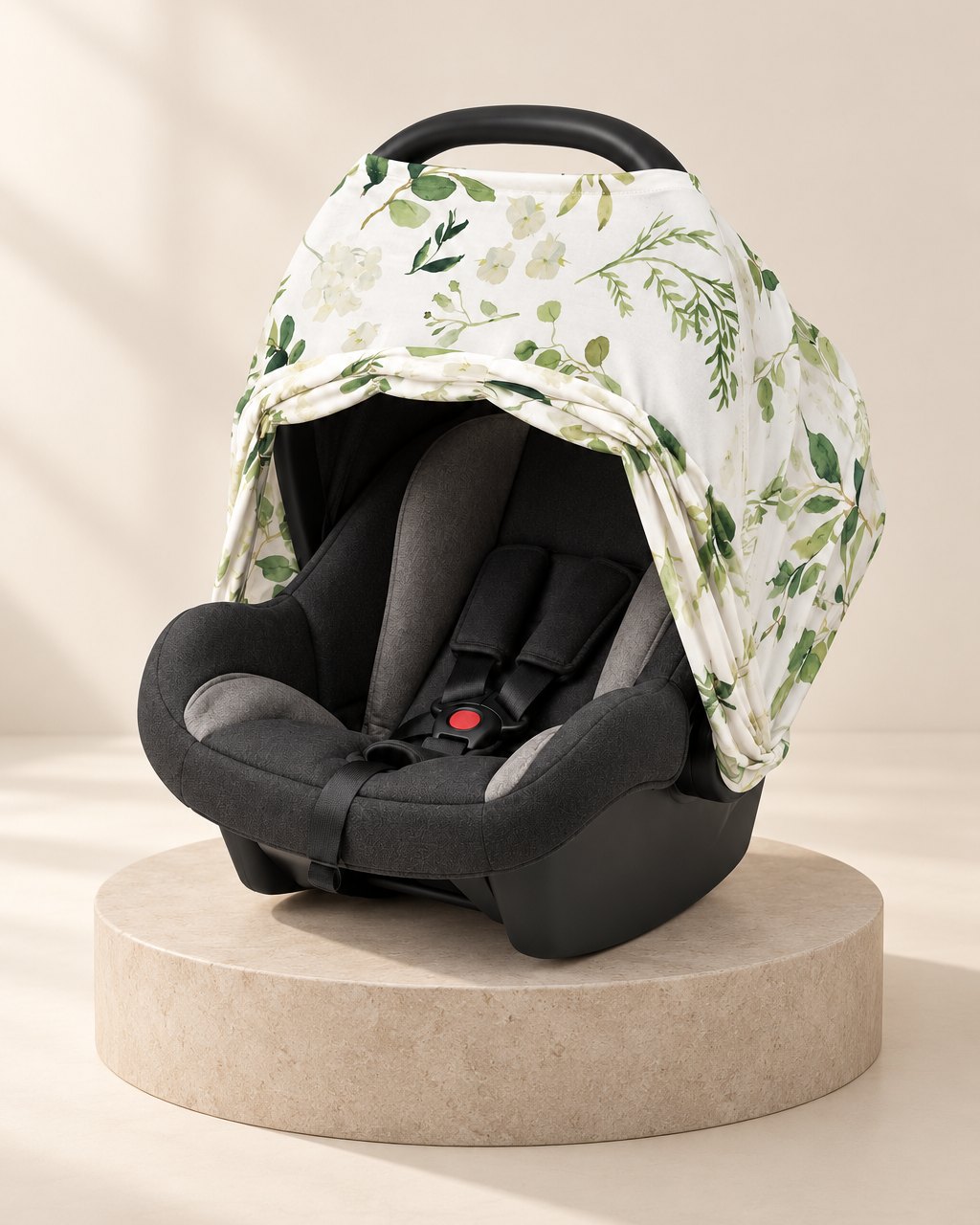 Infant car seat with the stretch cover over the canopy and the front folded back open