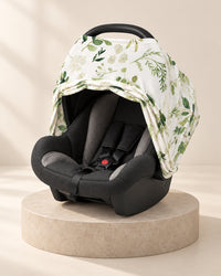 Infant car seat with the stretch cover over the canopy and the front folded back open
