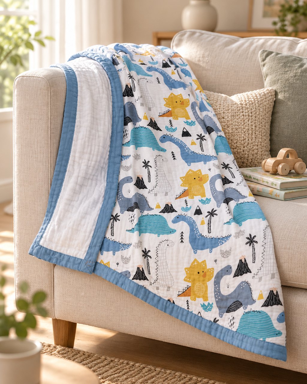 Dinosaur muslin blanket draped over the arm of a cream sofa next to picture books and a wooden toy