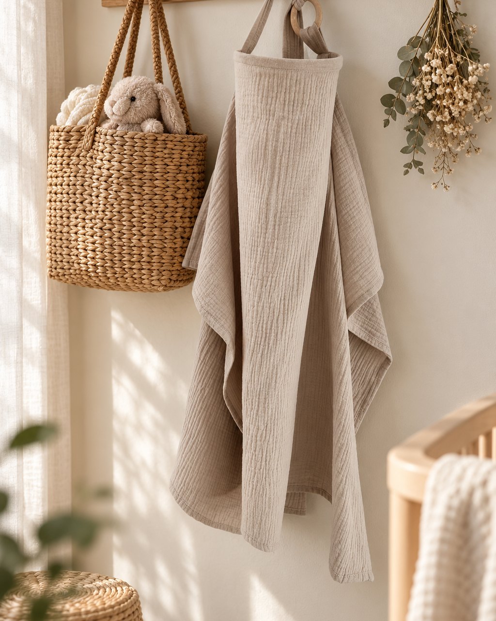 Oat nursing cover hanging from a wooden peg beside a woven diaper bag in a bright nursery