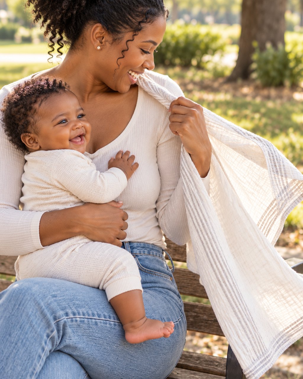 Mother on a park bench laughing as a plain white blanket slips off her shoulder while she holds her baby
