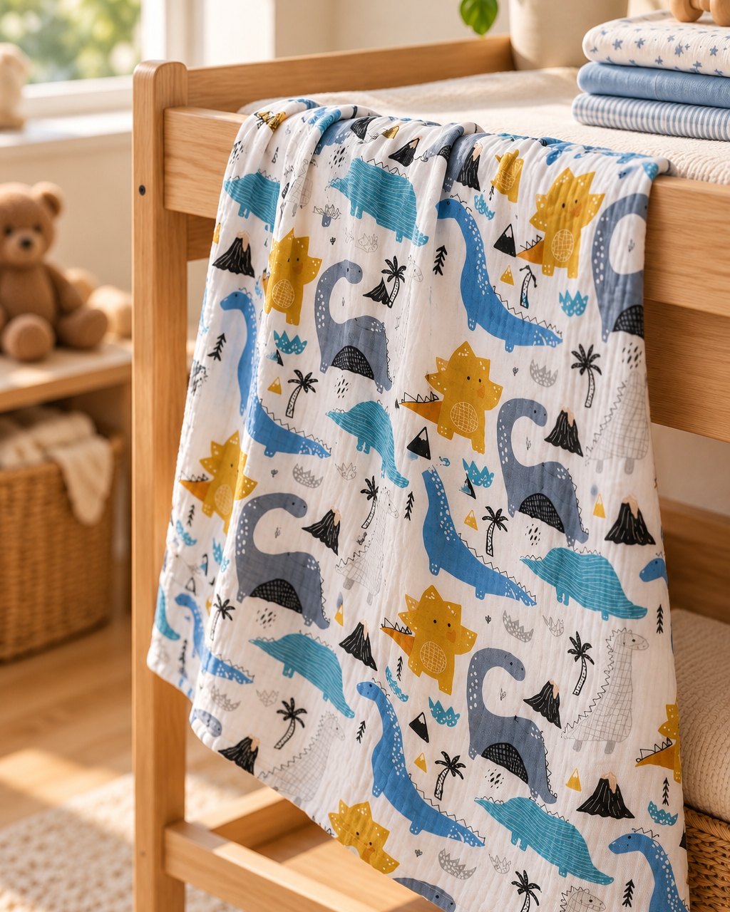 Dinosaur swaddle blanket draped over a wooden changing-table rail beside folded baby clothes
