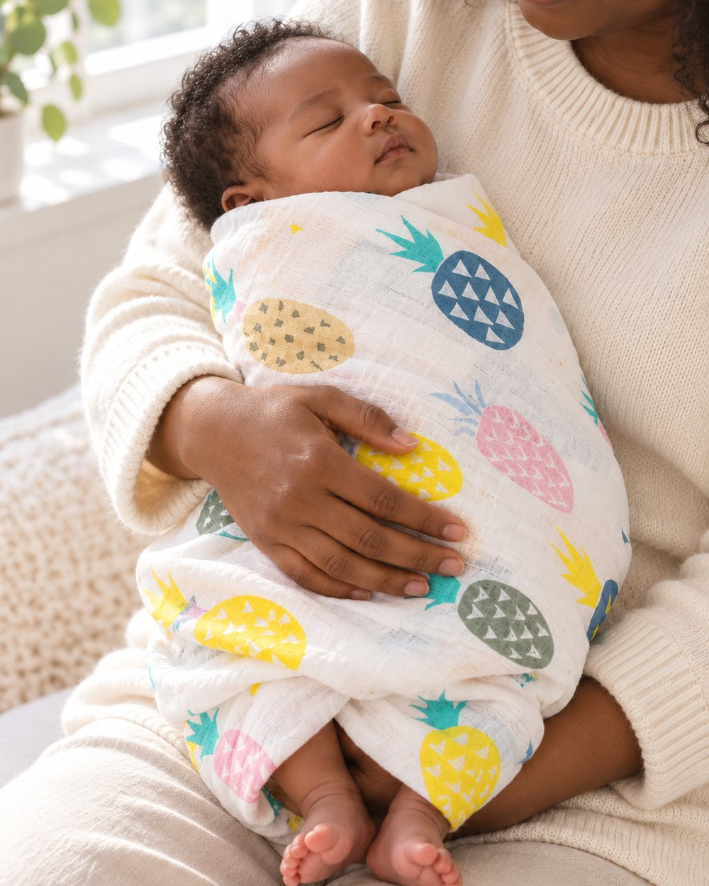 Parent holding a newborn snugly swaddled in the pineapple muslin