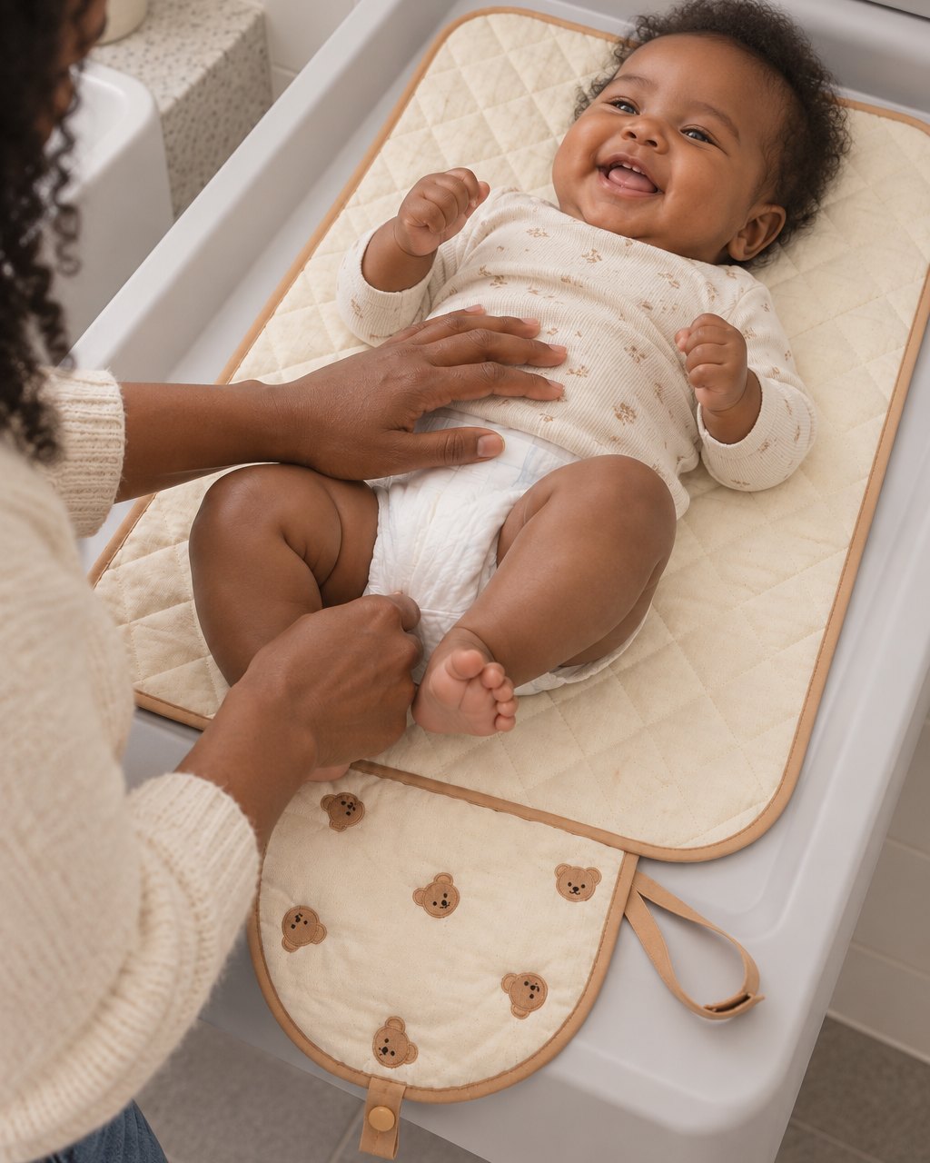 Parent changing a baby on the unfolded quilted mat on a café restroom changing table