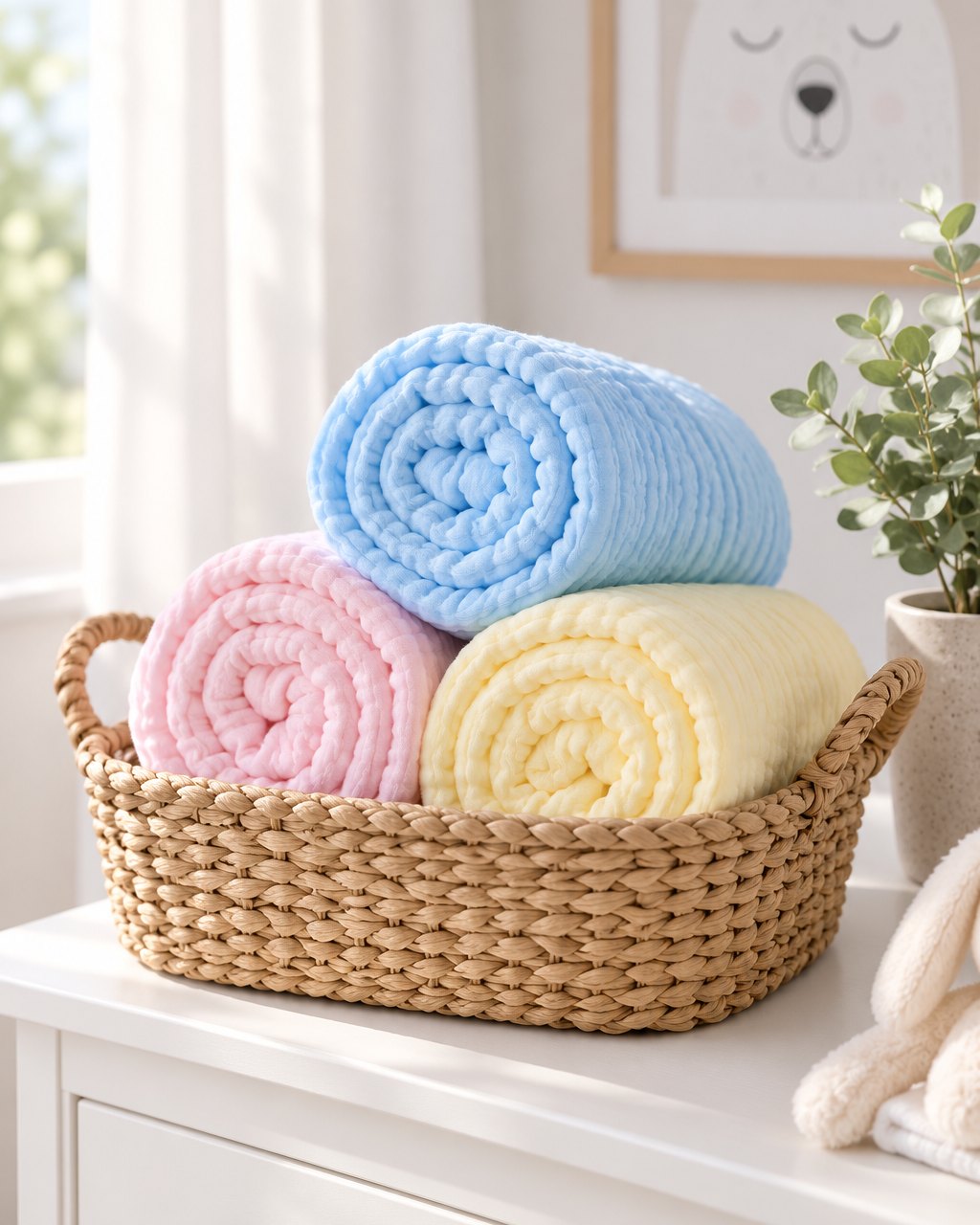 Pastel muslin blankets rolled in a basket in a calm nursery