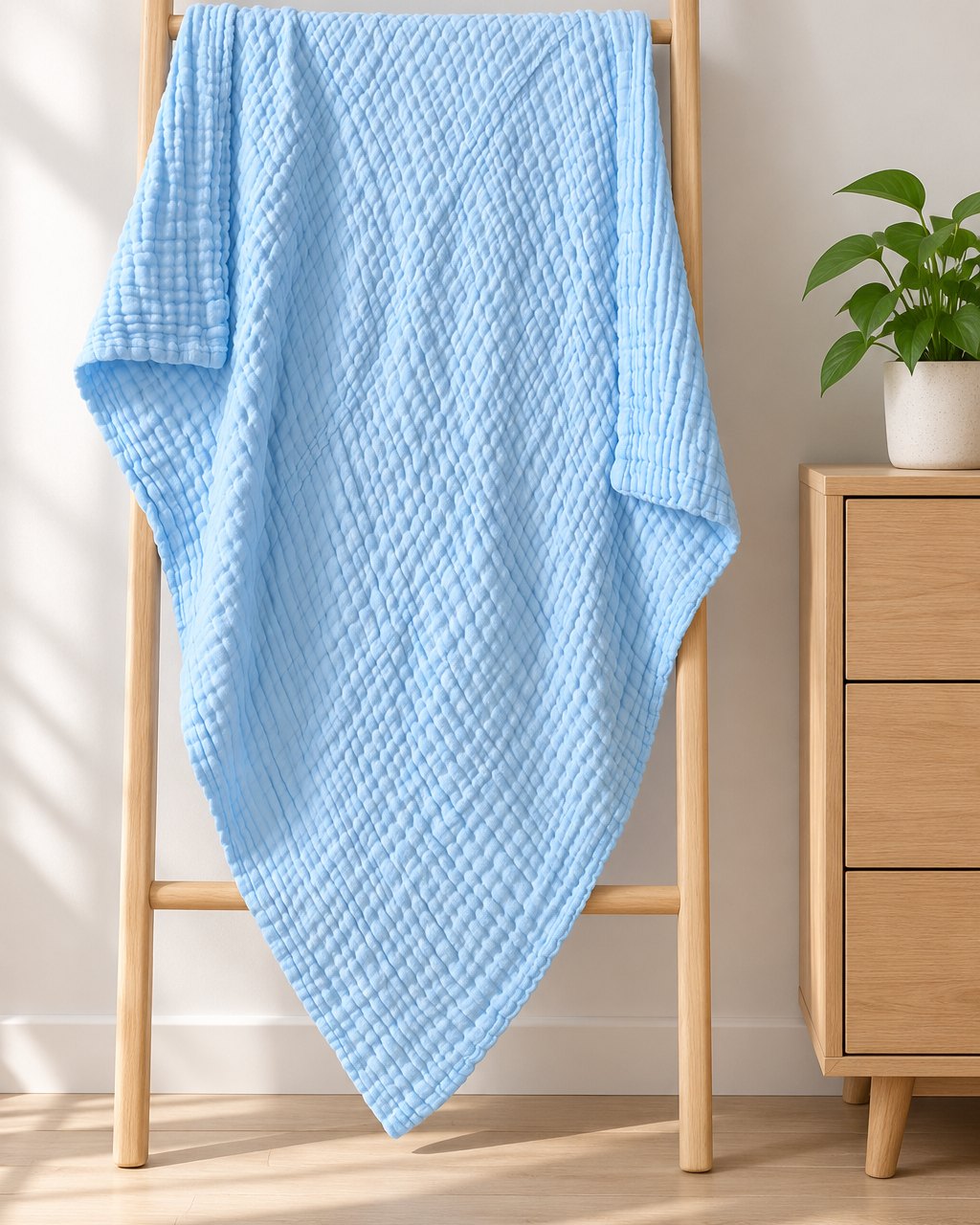 The blue blanket hung over a wooden ladder rack, showing its size