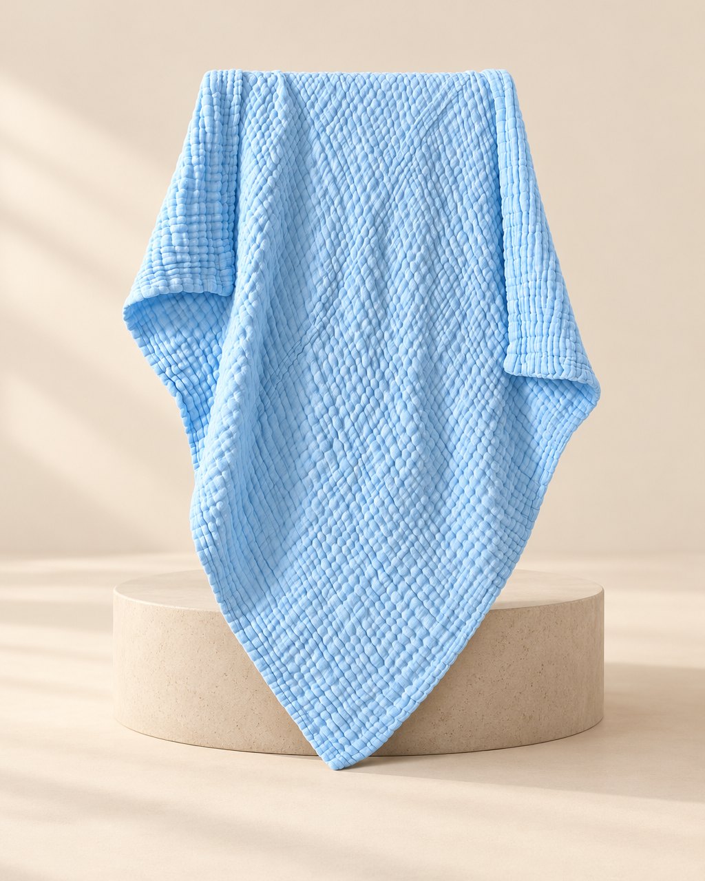 Sky-blue six-layer crinkled muslin blanket, folded