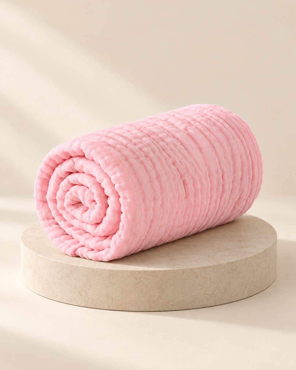 Blush-pink six-layer muslin blanket, folded