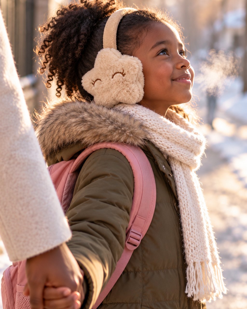 Child with a backpack walking to school on a frosty morning in star earmuffs