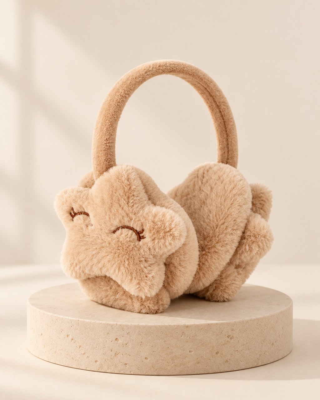 Khaki fluffy earmuffs with a smiling star on each ear cup