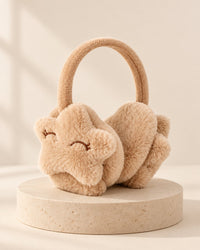 Khaki fluffy earmuffs with a smiling star on each ear cup