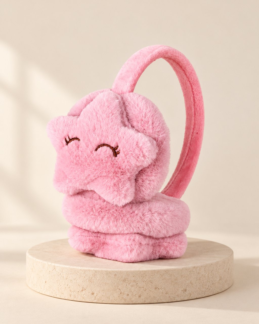 Light pink fluffy earmuffs with smiling star ear cups