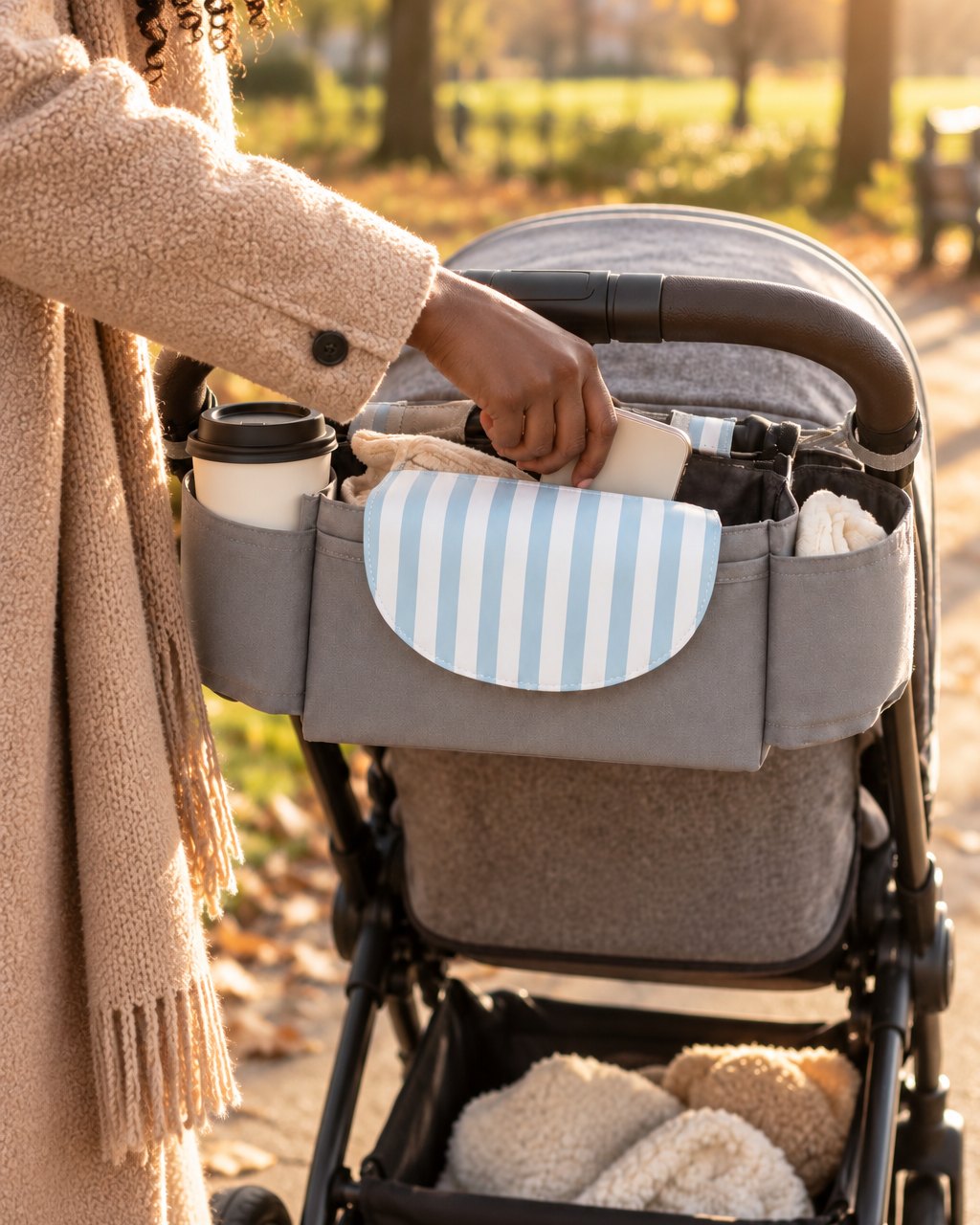 Parent on a morning walk reaching into the organizer on the stroller handle