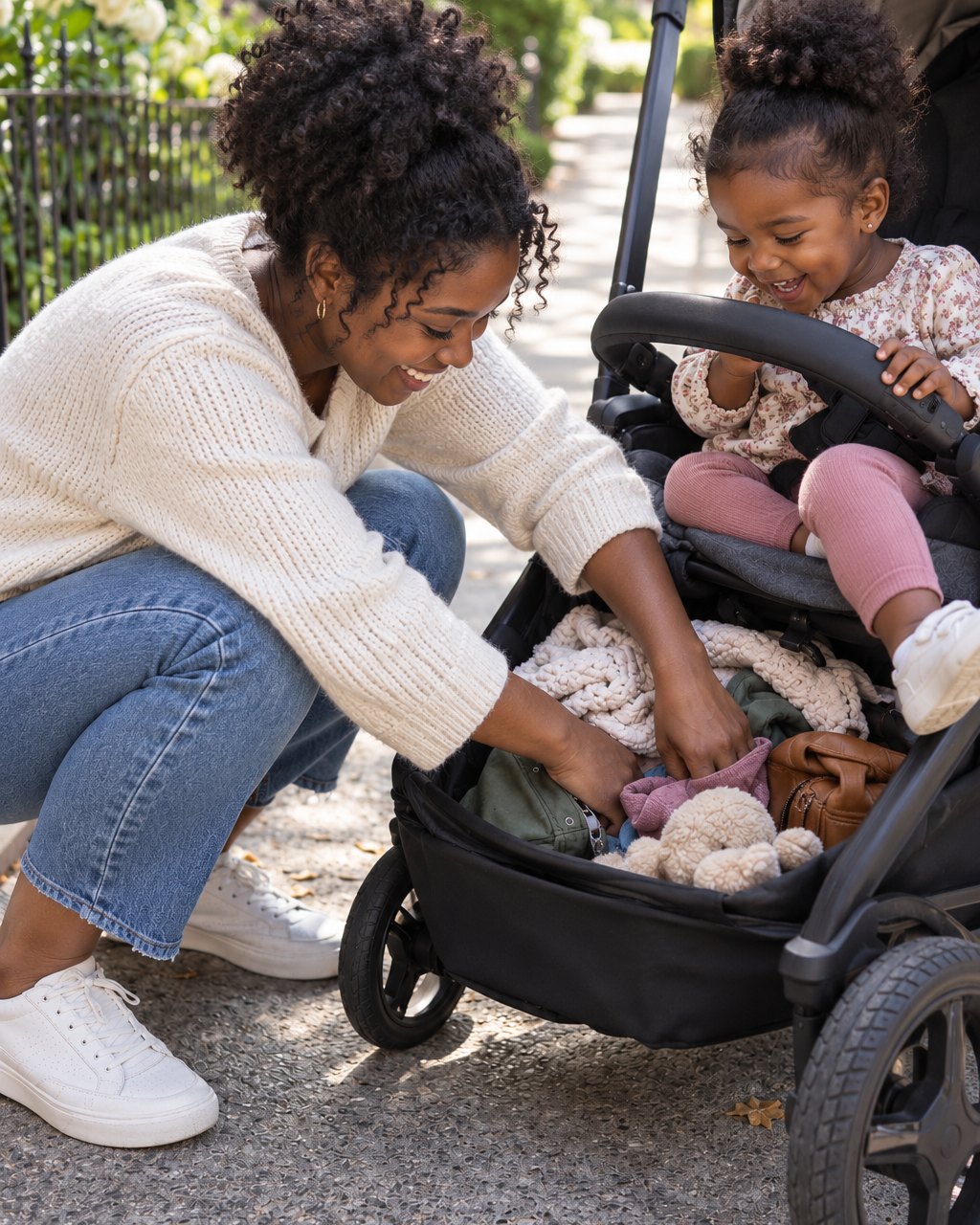 Parent crouching to dig through a cluttered stroller basket for keys