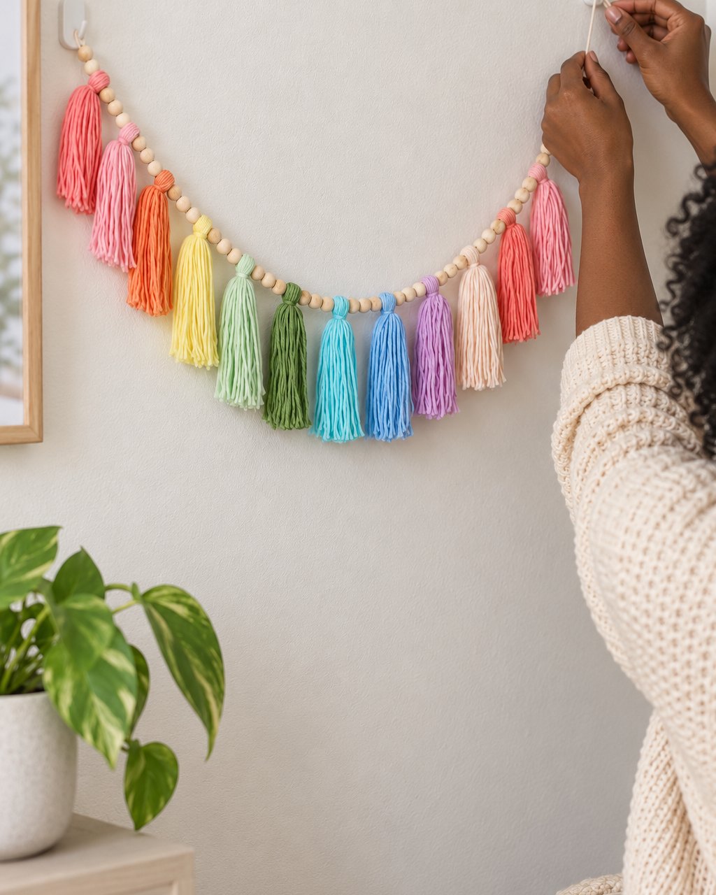 Hands tying the garland's end cord onto a small wall hook