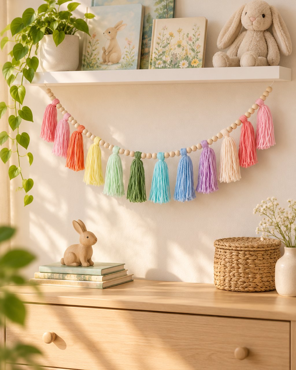 Rainbow tassel garland draped below a nursery shelf of books and soft toys