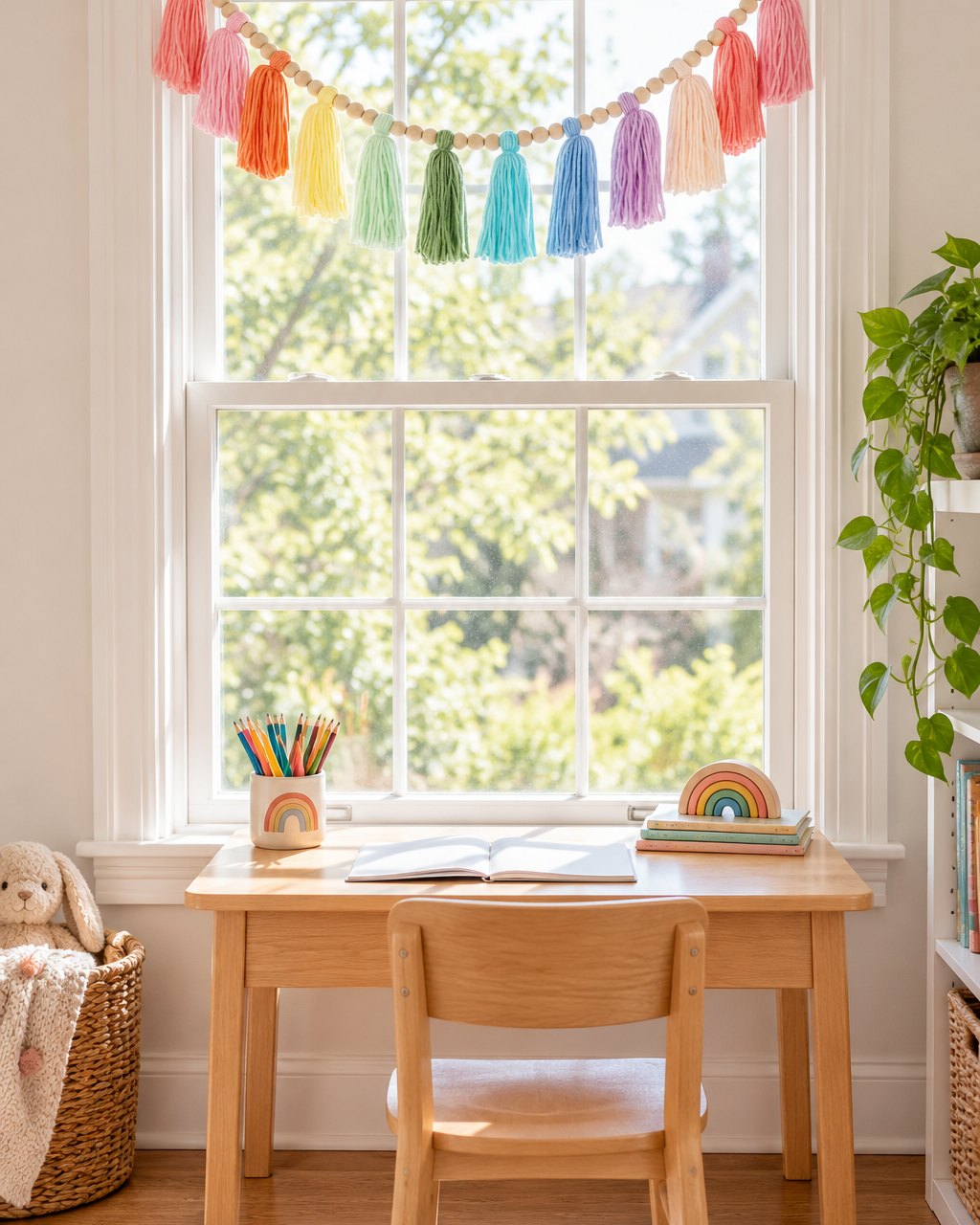 Garland swagged across a window above a child's desk
