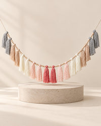 Blush pink and grey tassel garland with wooden beads